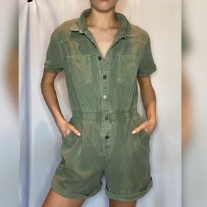 Green denim romper